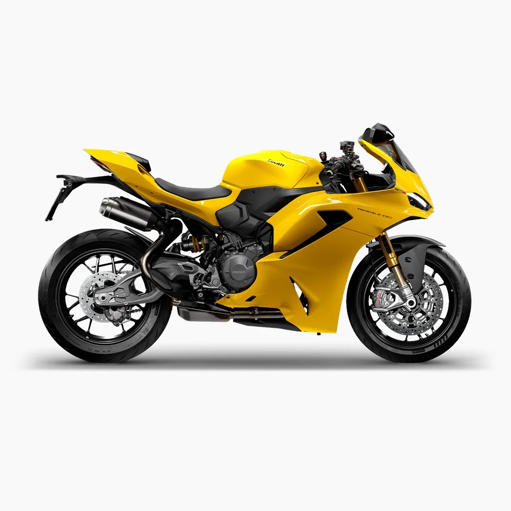 Yellow Ducati Panigale V2 sport motorcycle with black and metallic accents on a white background.