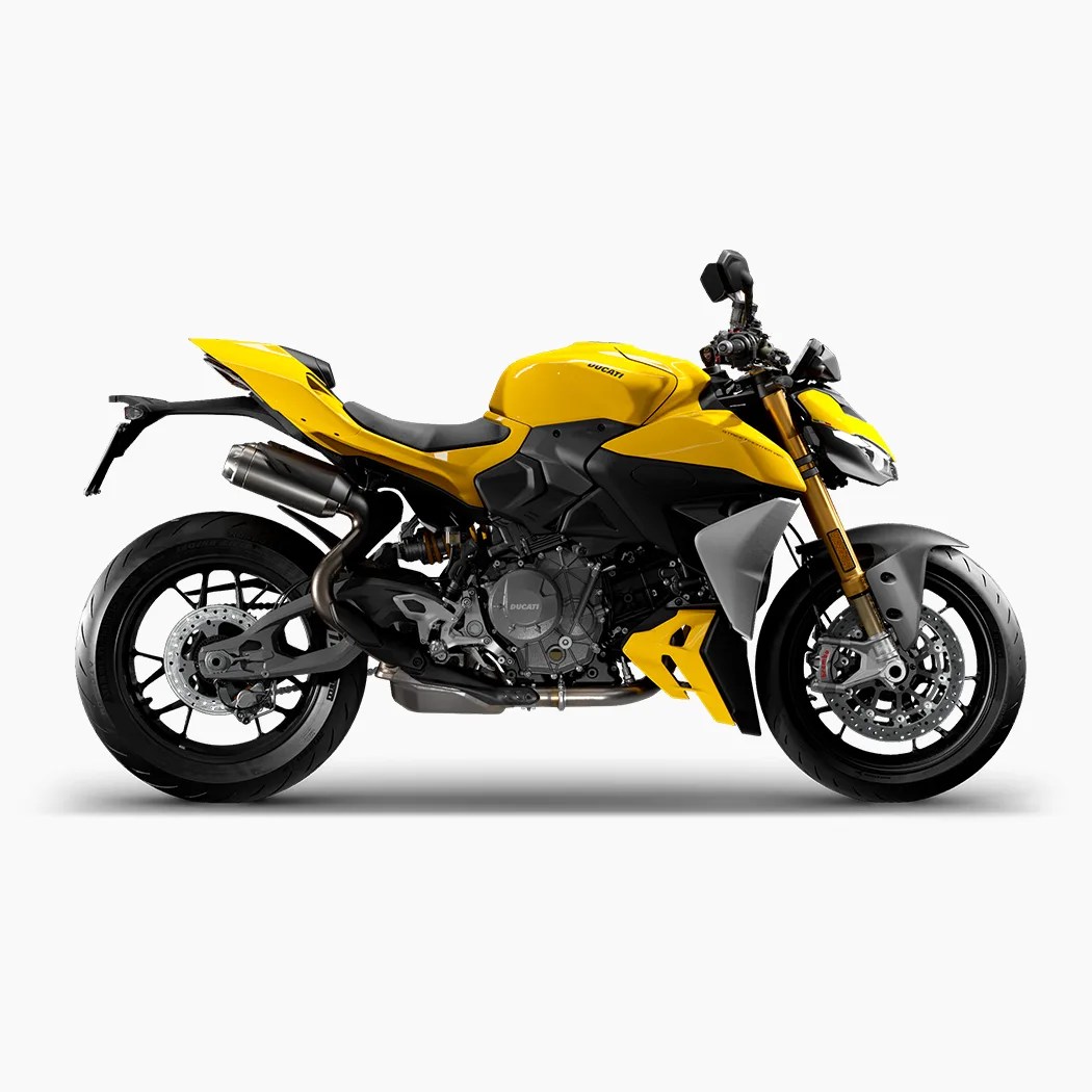 Yellow and black Ducati motorcycle with exposed engine and gold front forks on a white background.