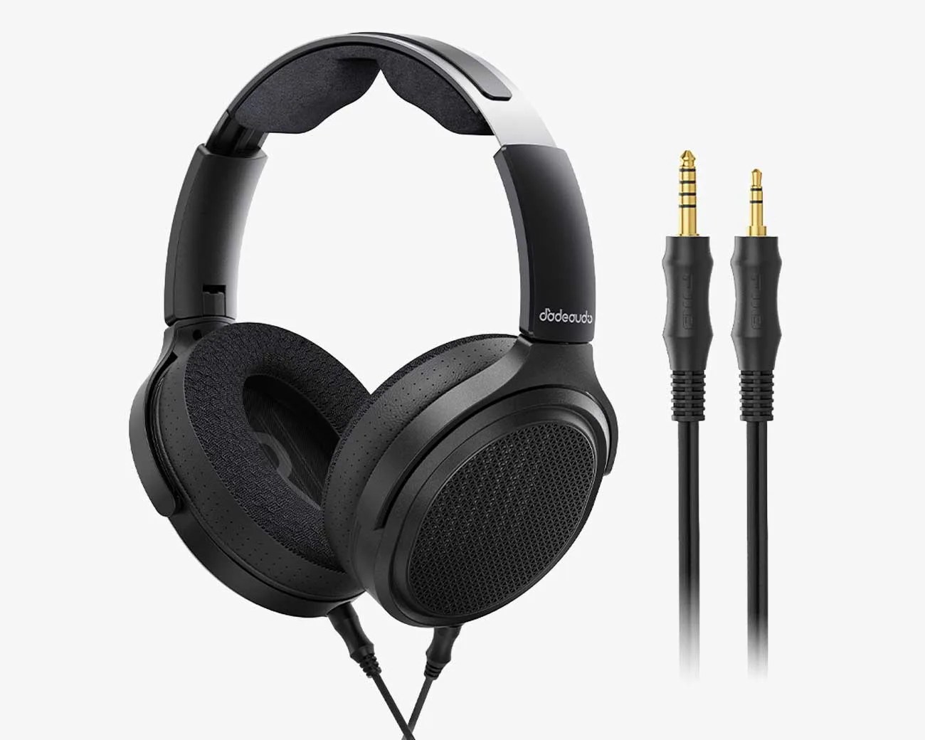 Black over-ear headphones with padded headband and detachable audio cable with gold-plated 3.5mm connectors.