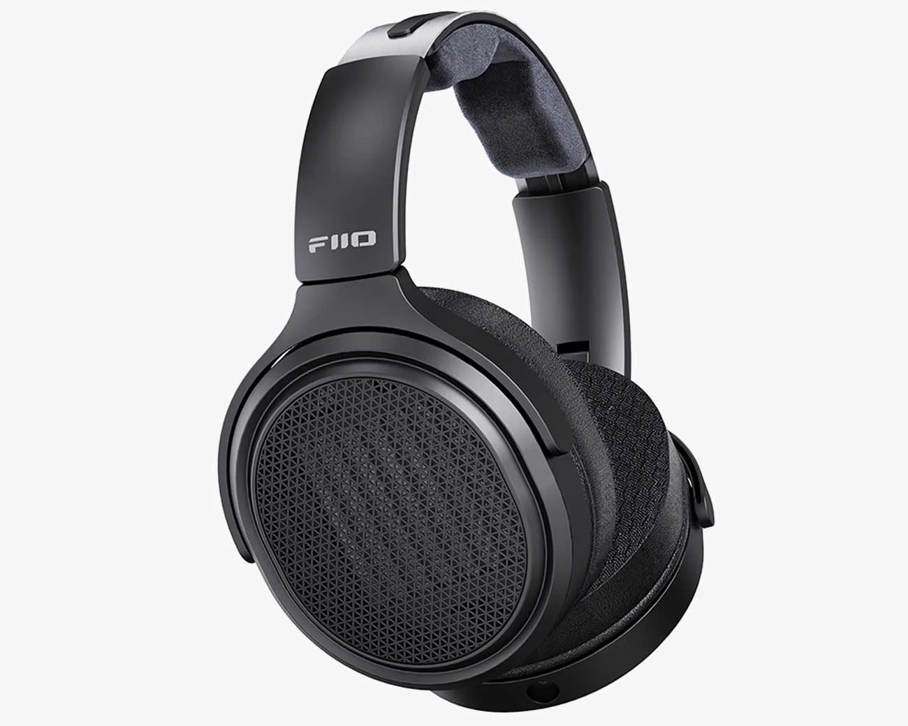 Black over-ear headphones with mesh ear cups and padded headband, branded with "FiiO" logo.