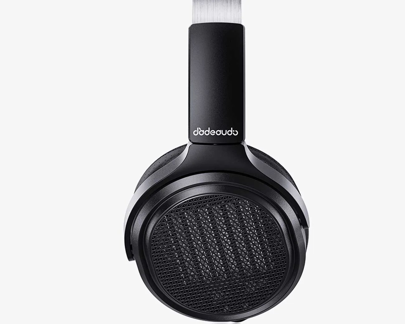 Black over-ear headphone with mesh grille and "dodeaudo" logo on the headband.