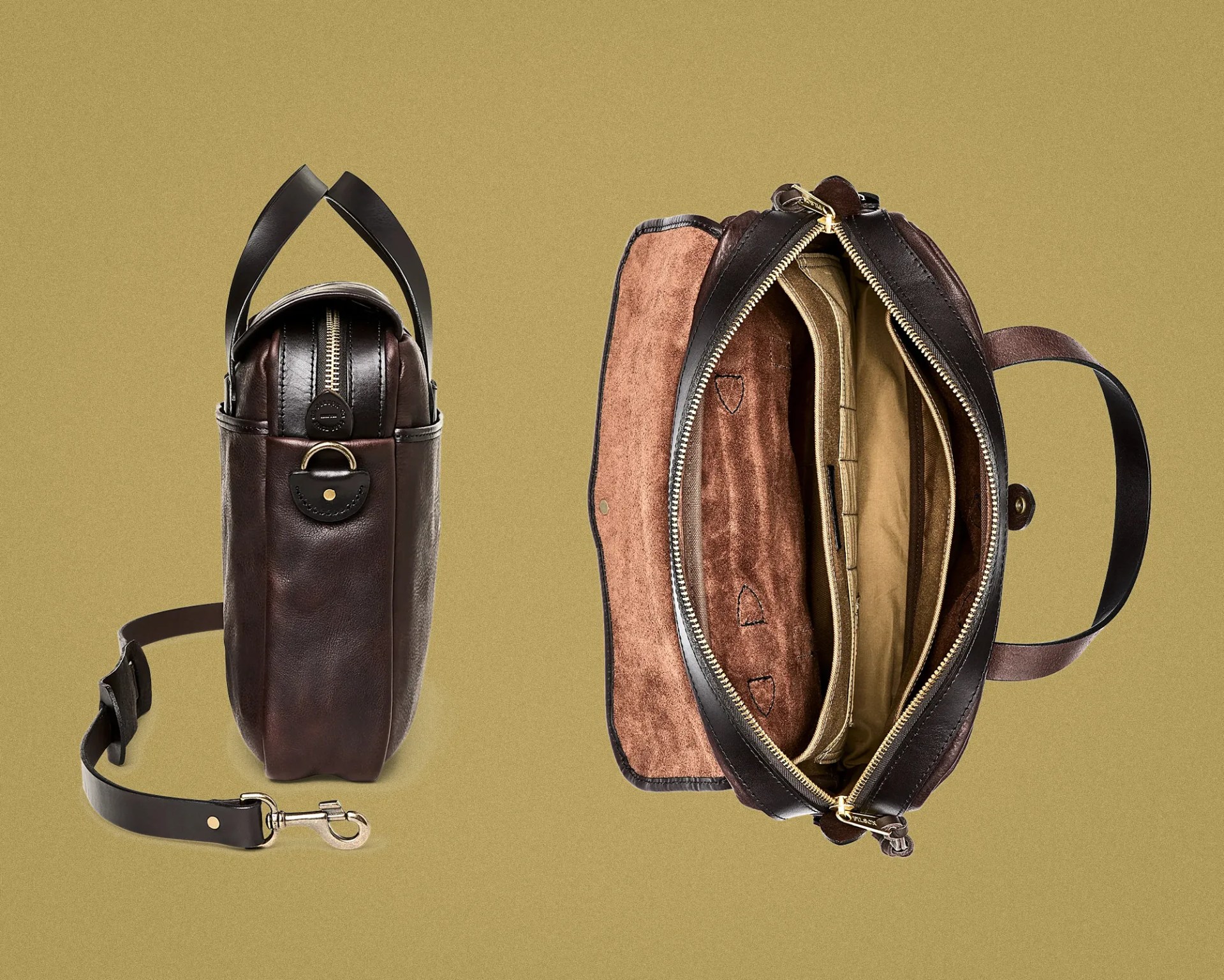 Dark brown leather briefcase with black handles and detachable shoulder strap, shown from side and top with open zipper revealing tan interior compartments.