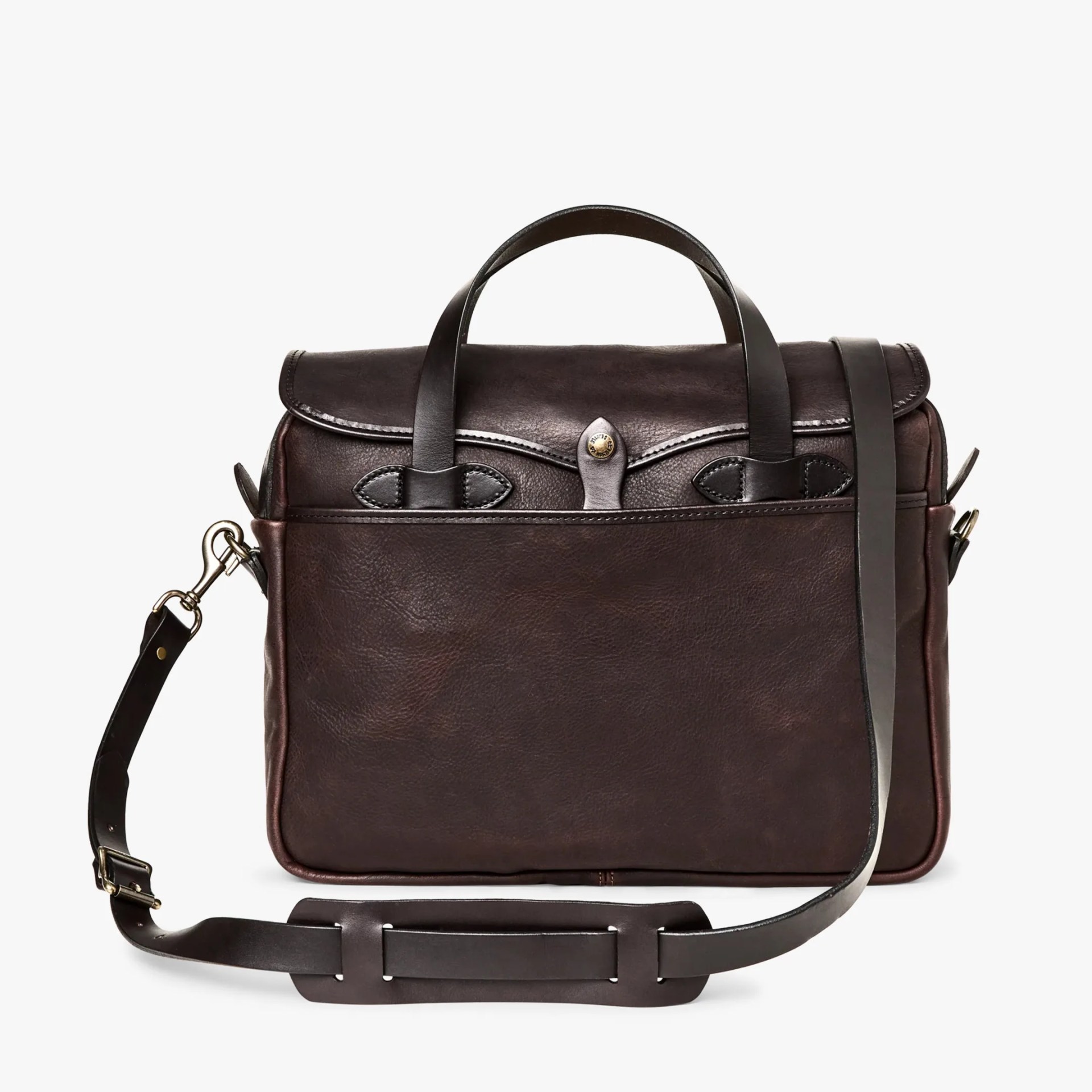 Dark brown leather briefcase with top handles and an adjustable shoulder strap.