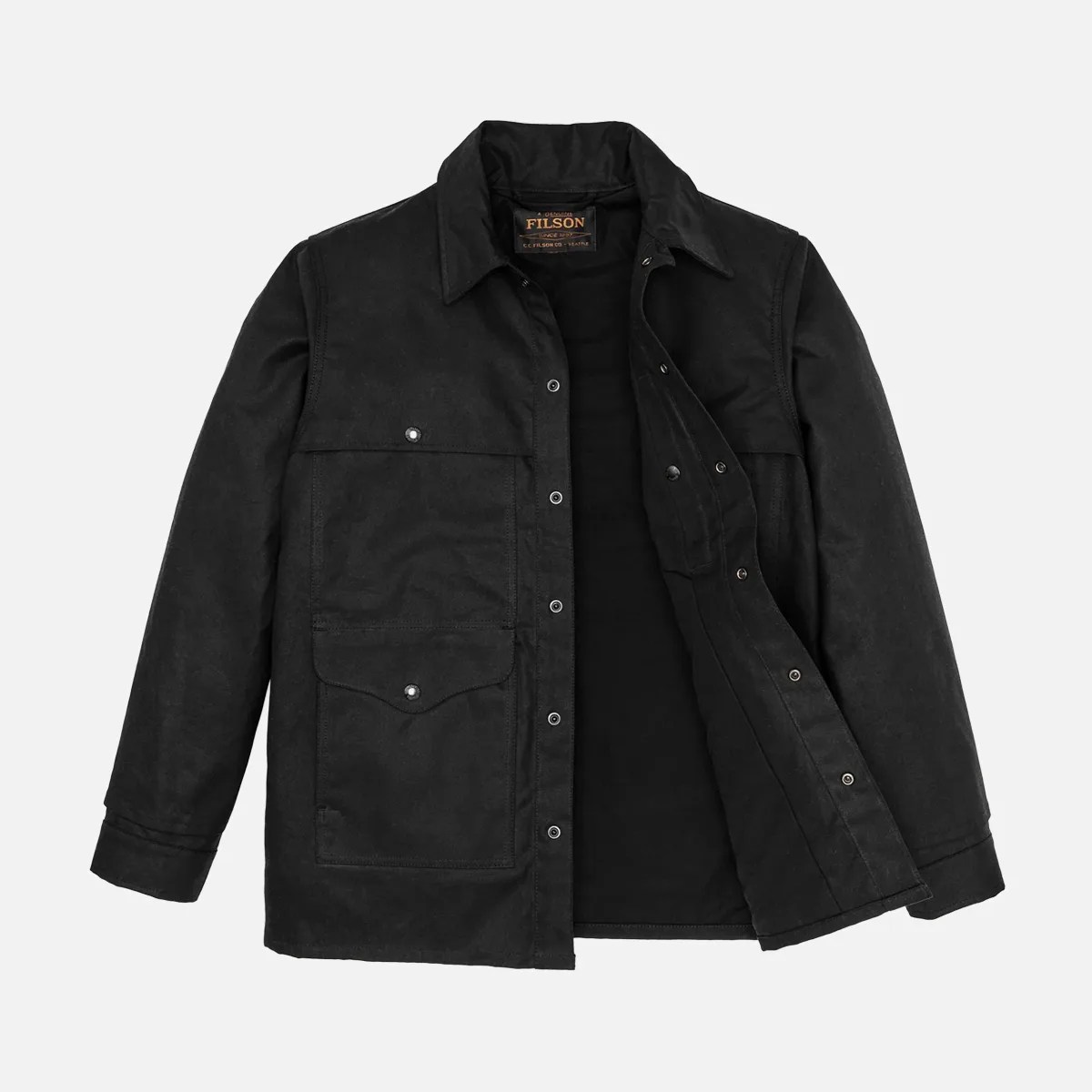 Black button-up jacket with large front pockets and a collar, partially open.