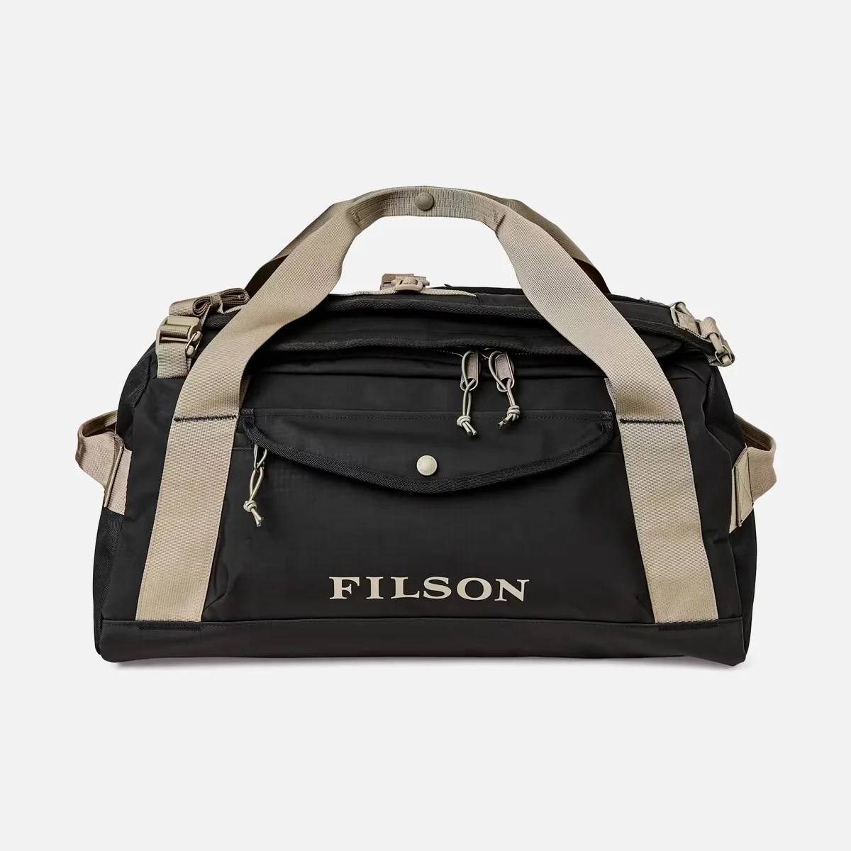 Black Filson duffel bag with beige straps and front zippered pocket.