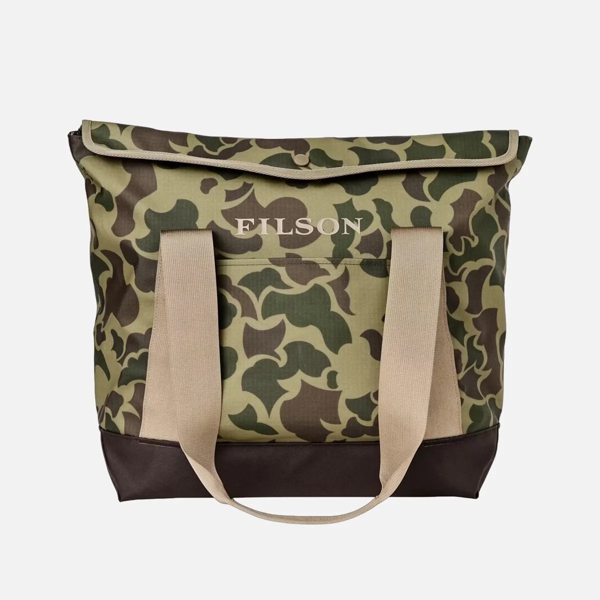 Camouflage-patterned Filson tote bag with beige handles and dark brown base.