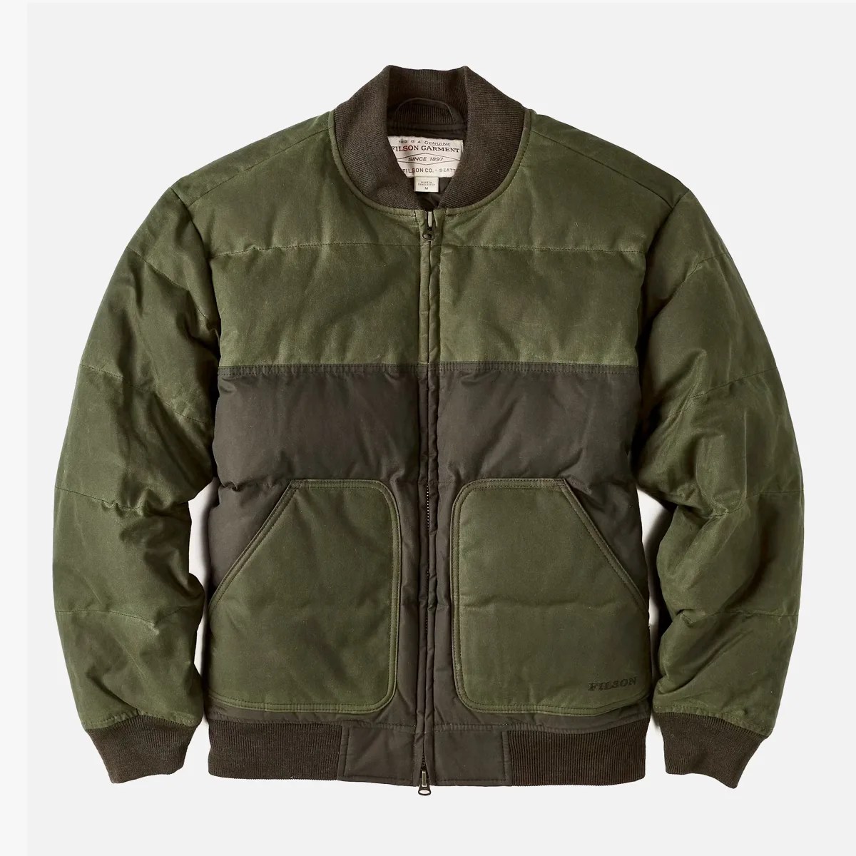 Olive green and dark brown padded jacket with front zipper and two large front pockets.