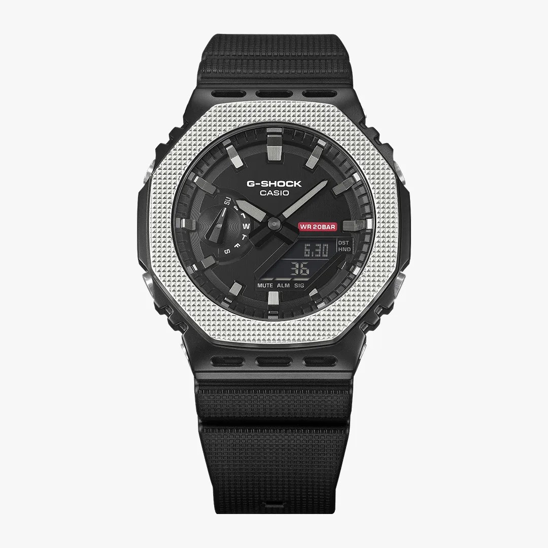 Black Casio G-Shock watch with textured silver octagonal bezel and digital-analog display on a black resin strap.