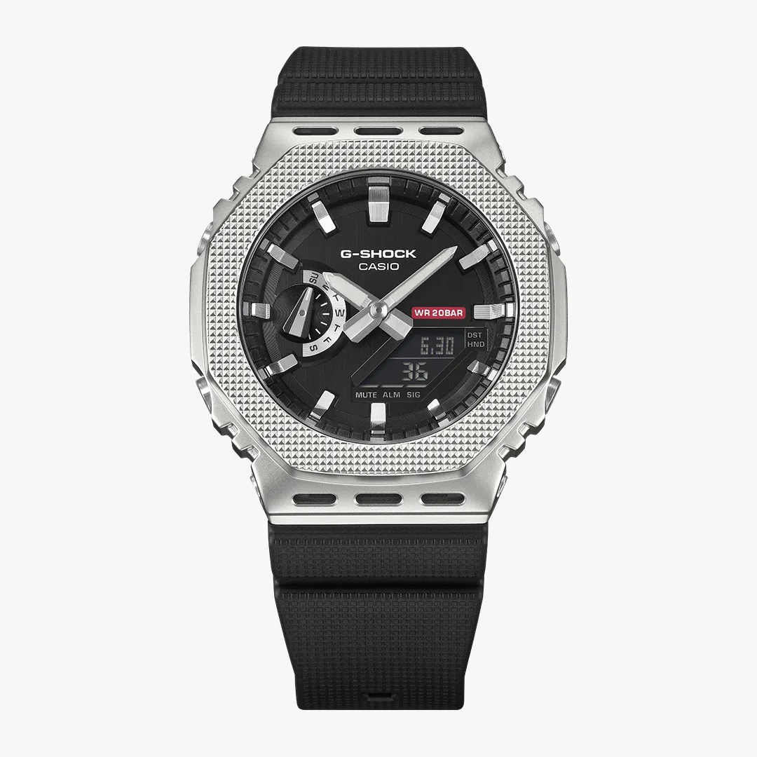 Black and silver Casio G-Shock watch with textured bezel, analog-digital display, and black resin strap.