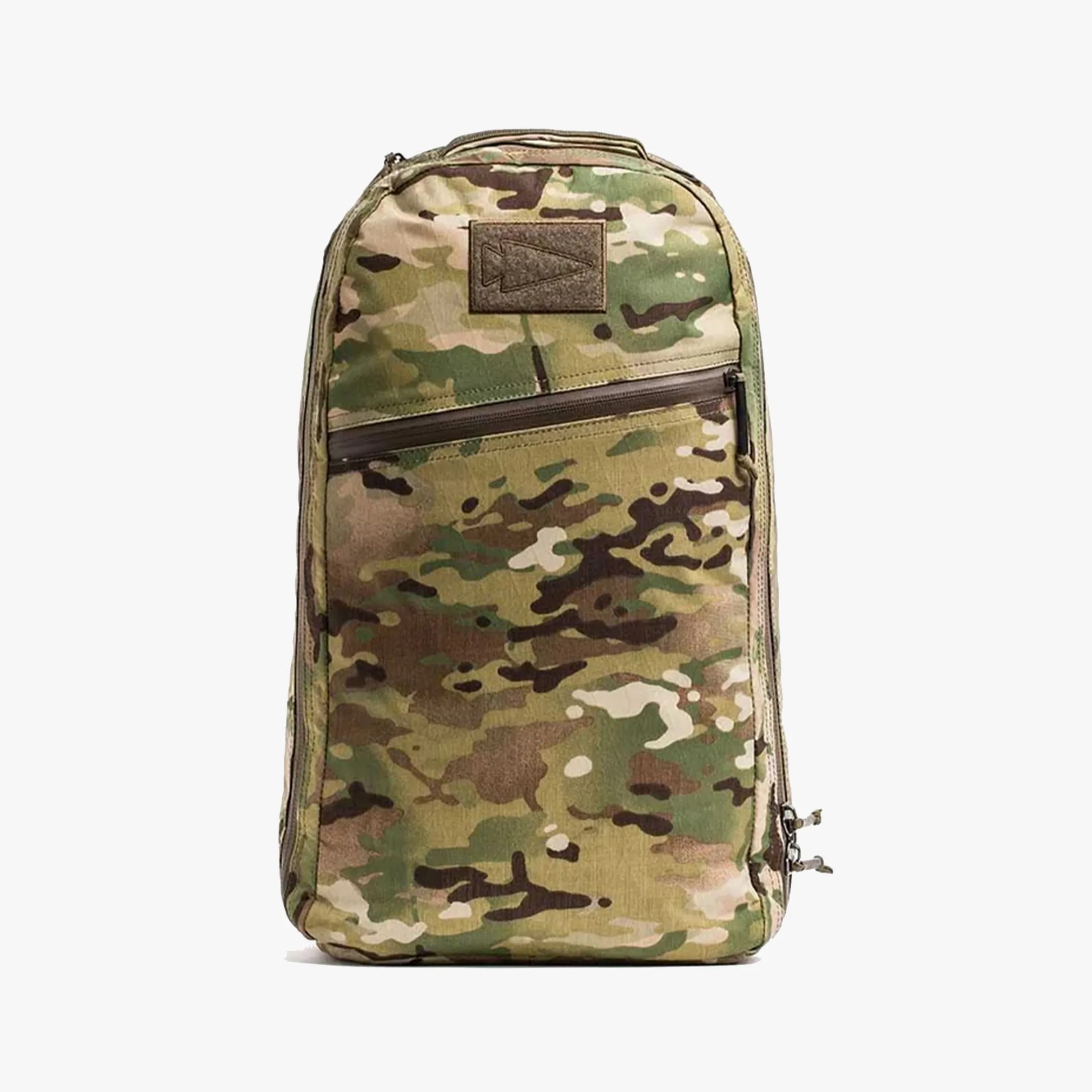 Camouflage-patterned tactical backpack with a front diagonal zipper pocket and a top handle.
