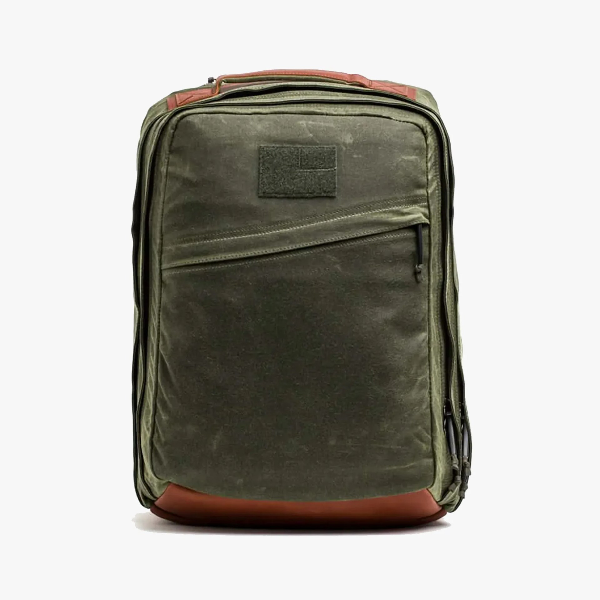 Olive green rectangular backpack with diagonal front zipper pocket and brown leather bottom.