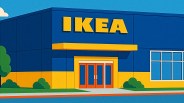 Blue and yellow IKEA store exterior with orange double doors and green bushes.
