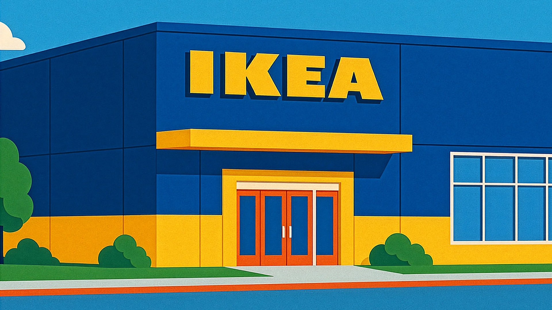 Blue and yellow IKEA store exterior with orange double doors and green bushes.