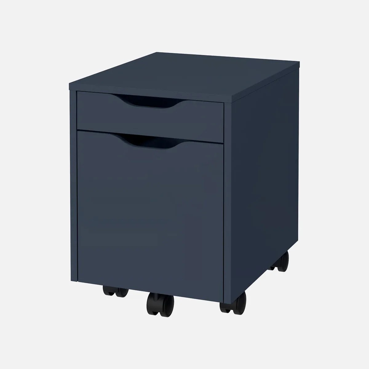 Navy blue mobile storage cabinet with two drawers and black caster wheels.