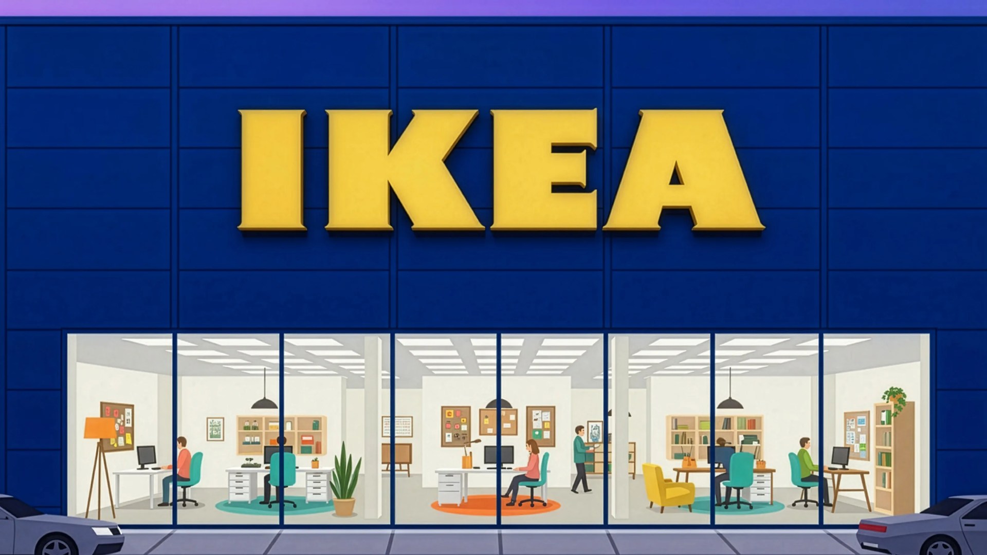 Blue IKEA store facade with large yellow logo and visible office interior with desks, chairs, and people.