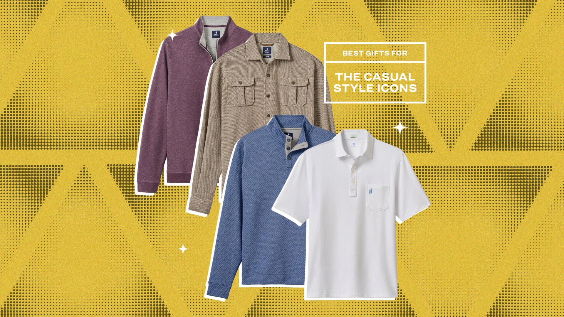 Four casual men's tops in purple, beige, blue, and white displayed against a yellow patterned background with text "Best gifts for the casual style icons.