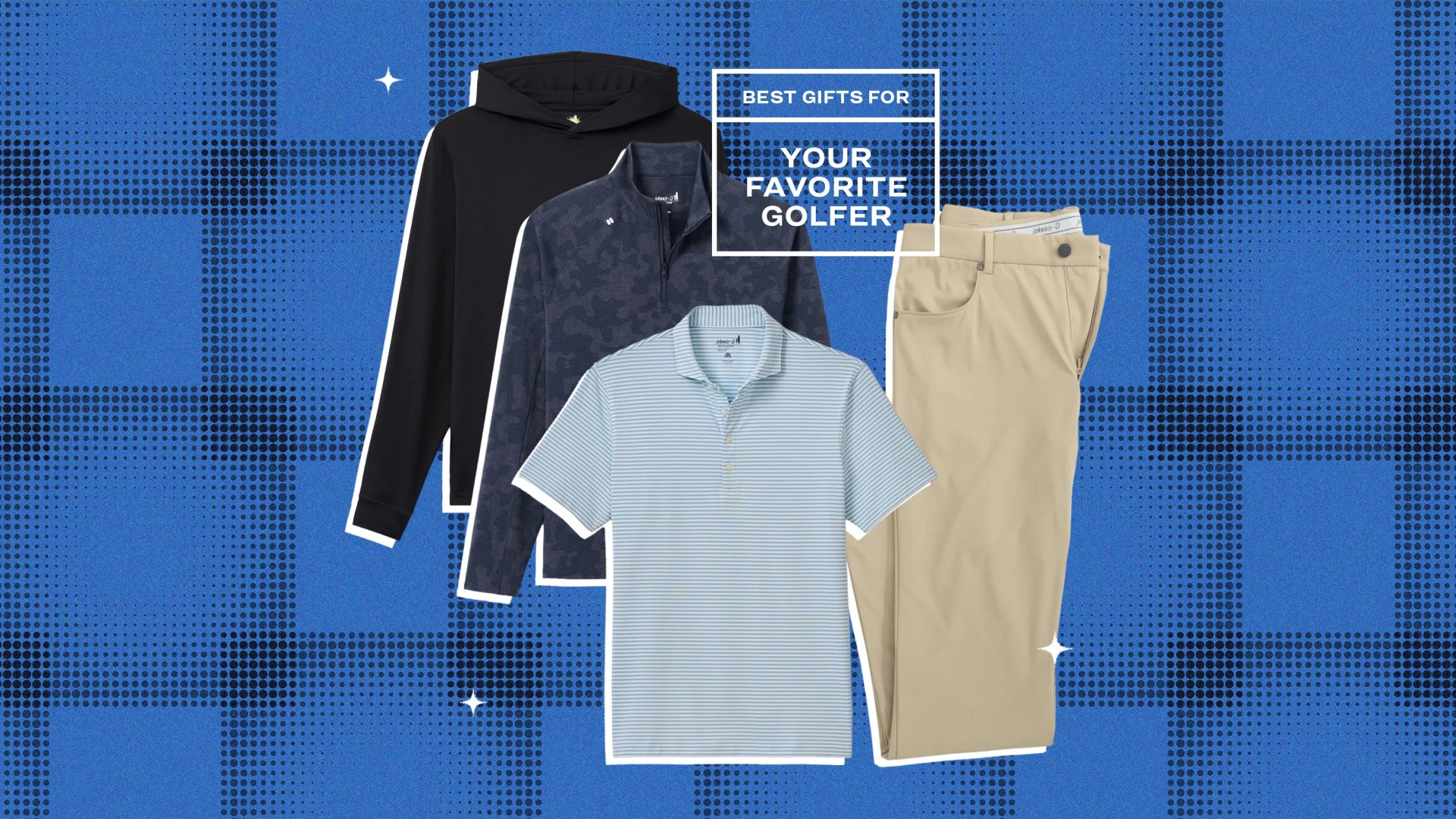 Black hoodie, navy quarter-zip pullover, light blue striped polo shirt, and beige golf pants on blue patterned background.
