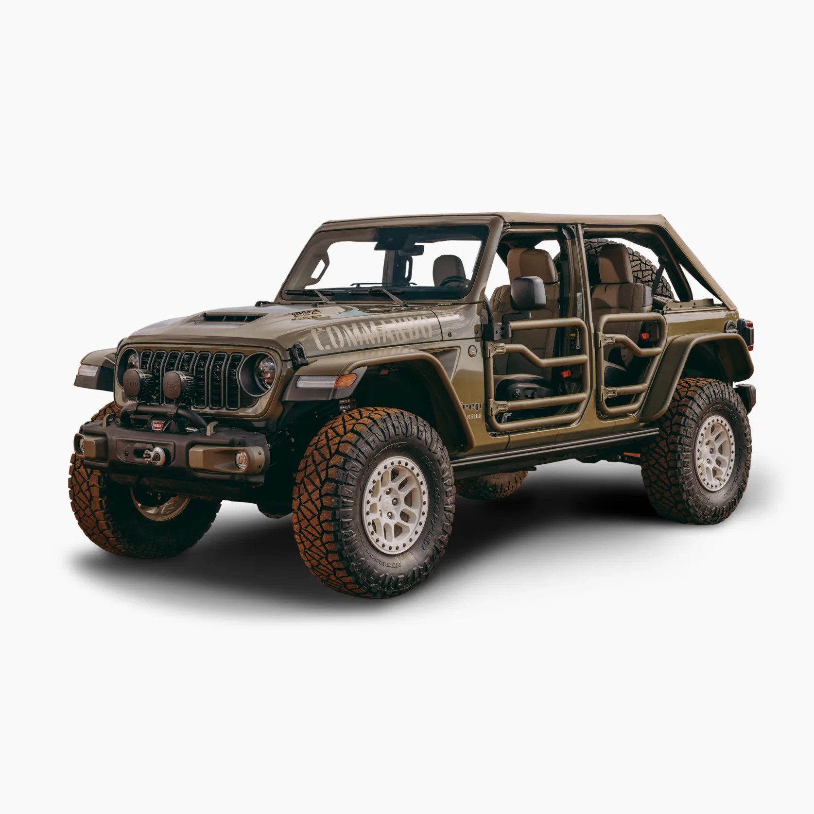 Olive green Jeep Wrangler with off-road tires and tubular half doors on a white background.