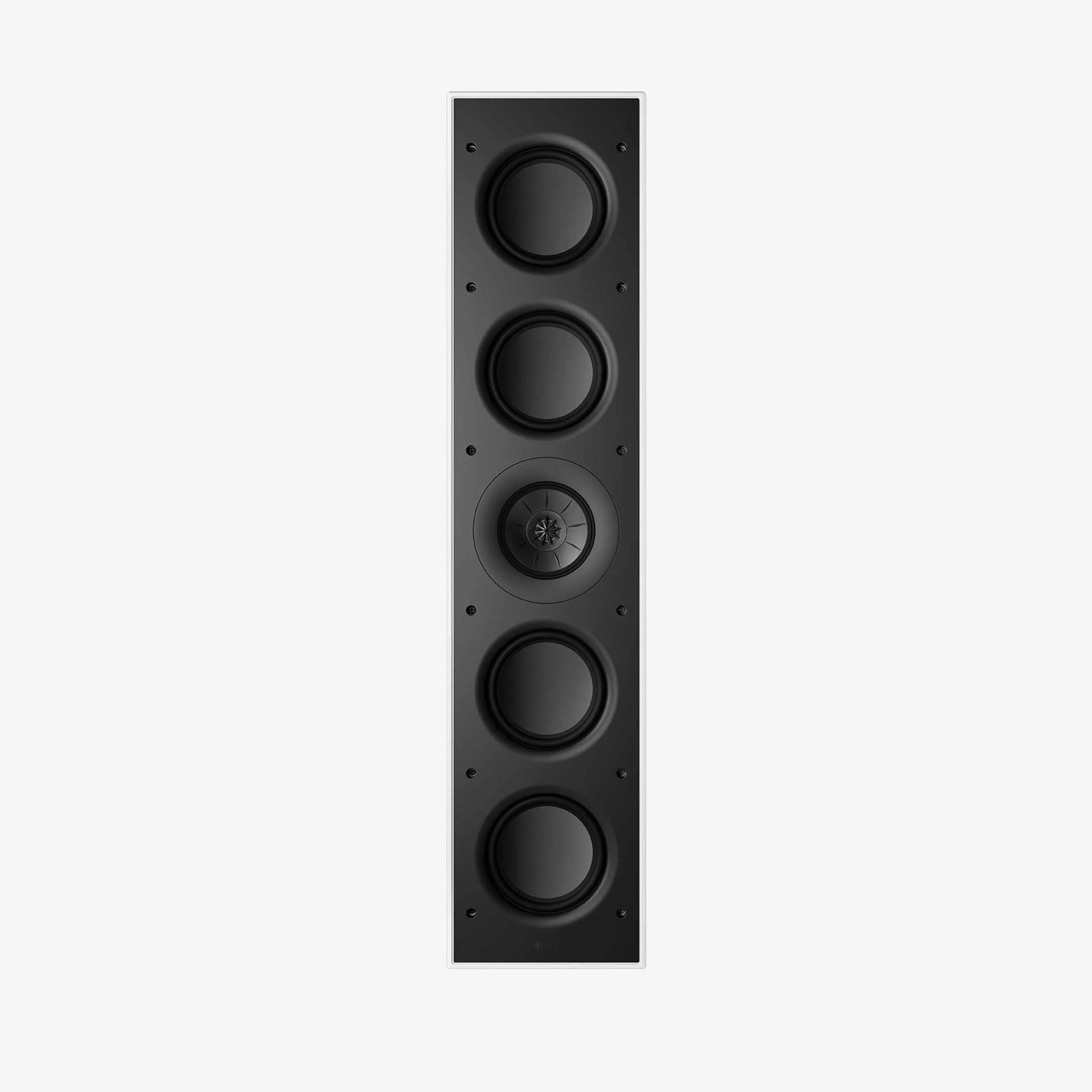 Tall rectangular black in-wall speaker with four large drivers and one central tweeter.