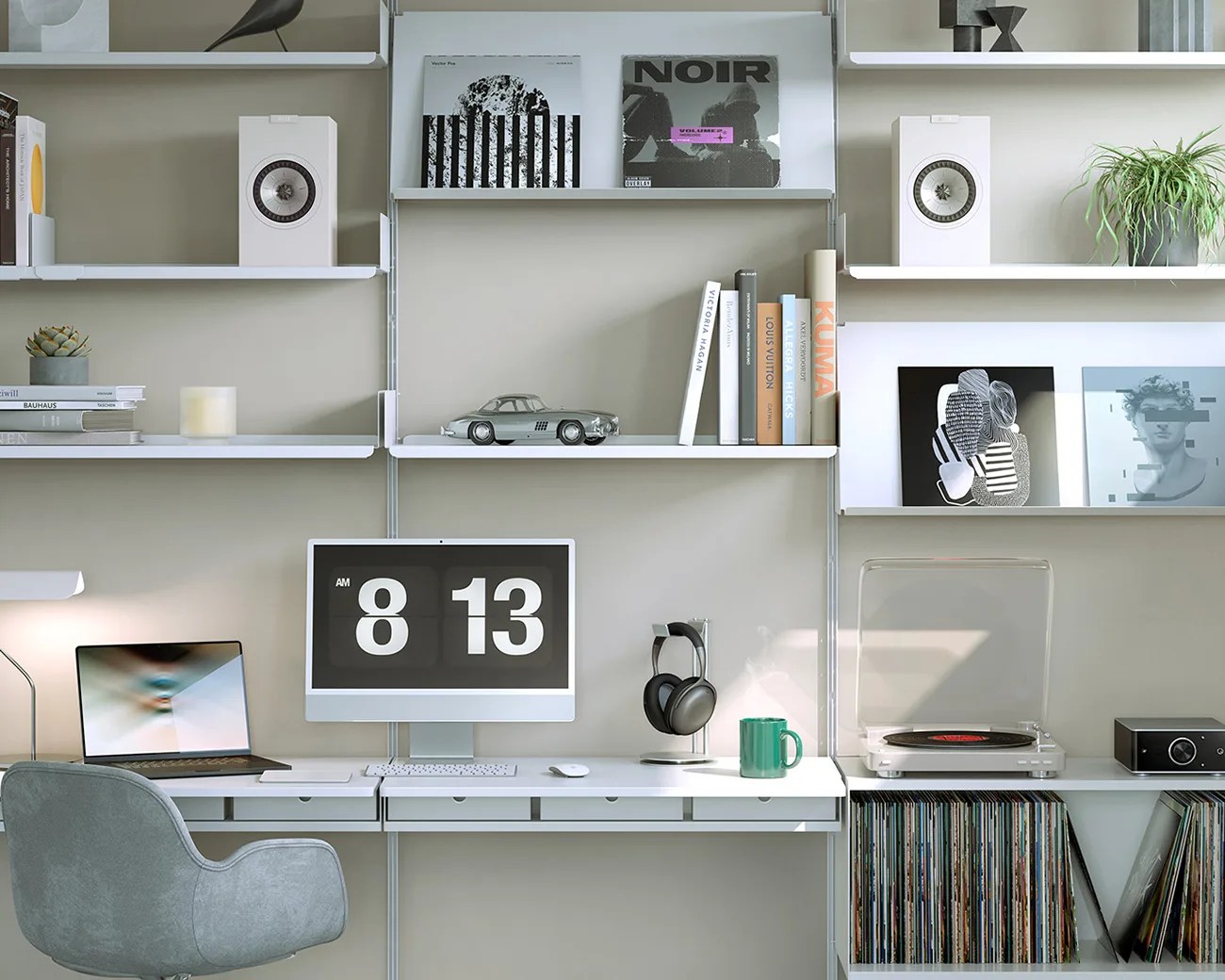 Modern white wall-mounted shelving unit with books, vinyl records, speakers, a desktop computer, laptop, headphones, and a turntable.