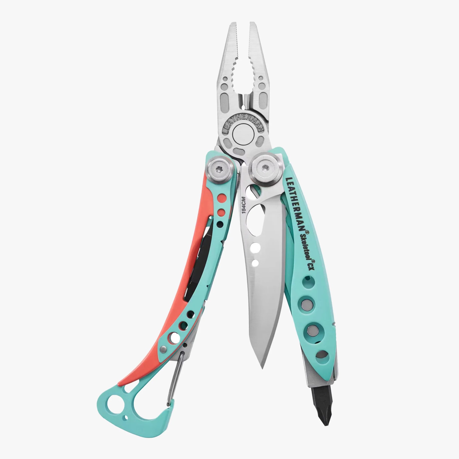 Leatherman Skeletool CX multi-tool with stainless steel pliers, knife blade, and turquoise and orange handles.