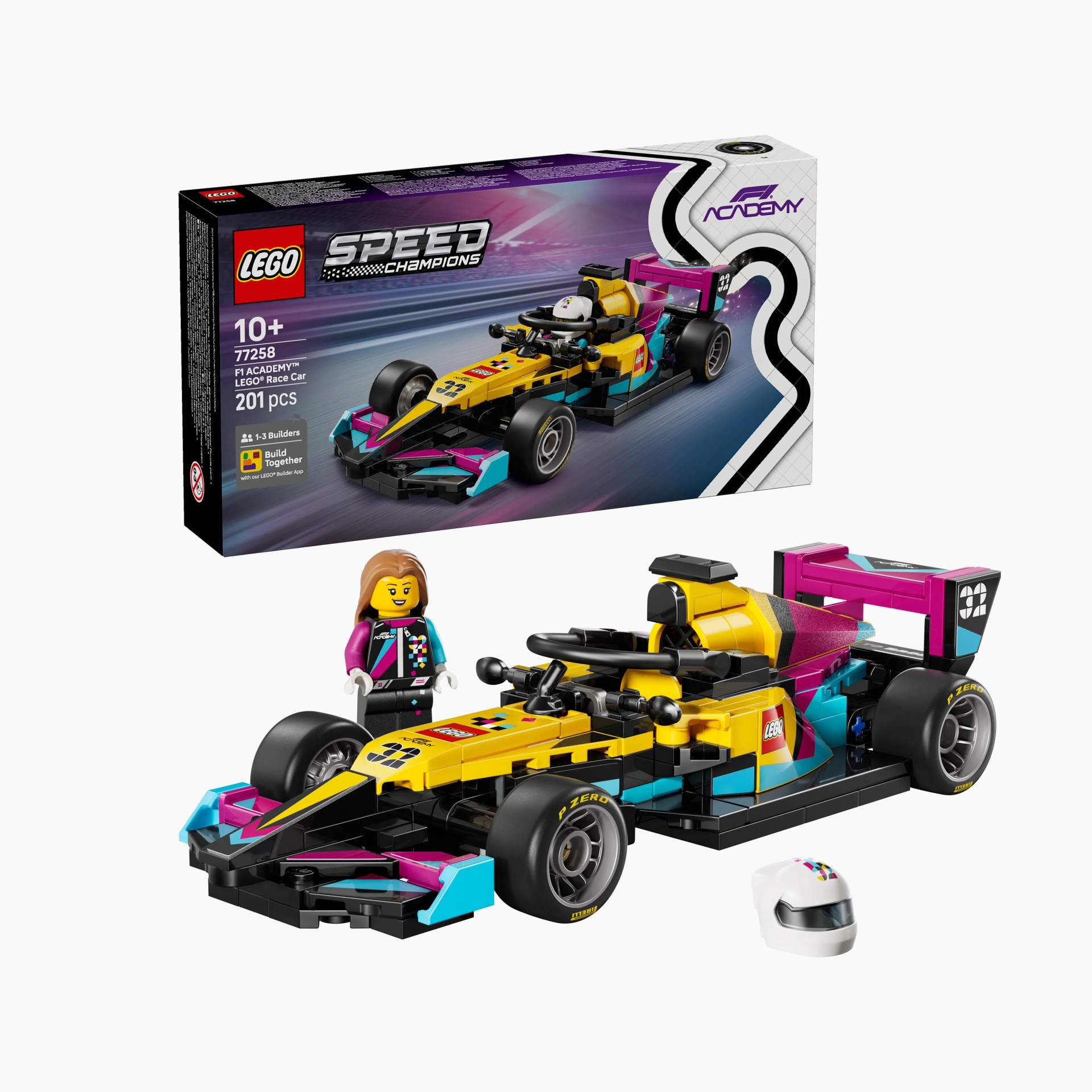 LEGO Speed Champions F1 Academy race car model in yellow, pink, and blue with a minifigure and helmet, next to the product box.