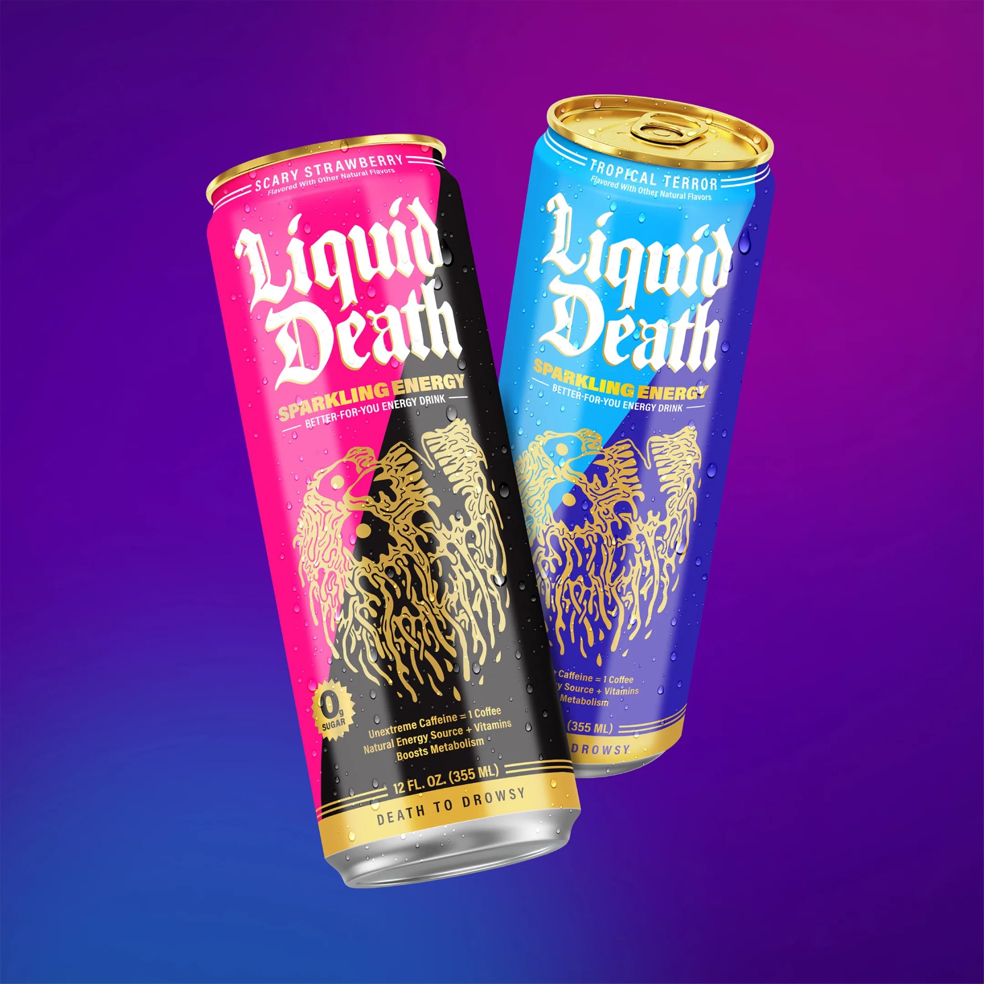 Two Liquid Death sparkling energy drink cans, one pink and black labeled "Scary Strawberry" and one blue labeled "Tropical Terror," both with gold eagle designs.