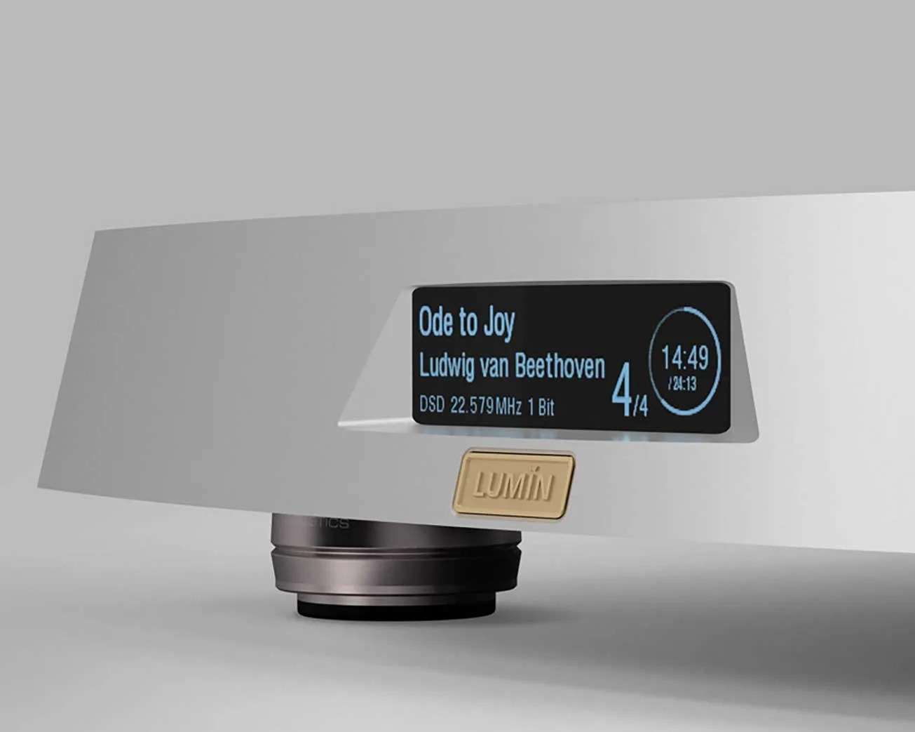 Silver Lumin audio device displaying "Ode to Joy" by Beethoven with playback details on a digital screen.