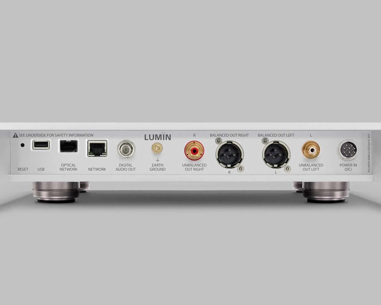Rear panel of a Lumin audio device showing USB, optical network, network, digital audio out, earth ground, balanced and unbalanced audio outputs, and power input ports.
