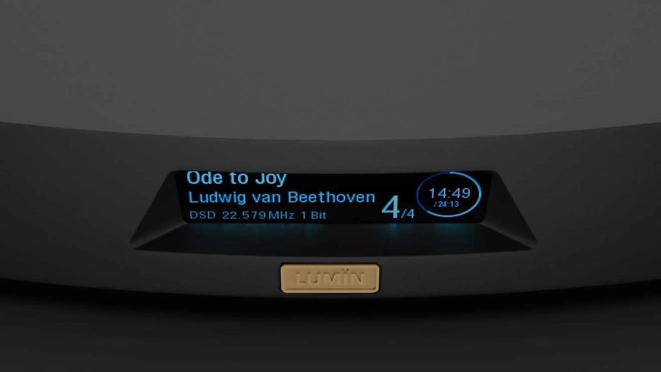 Black audio device display showing "Ode to Joy" by Ludwig van Beethoven, with blue text and a LUVIN logo below.