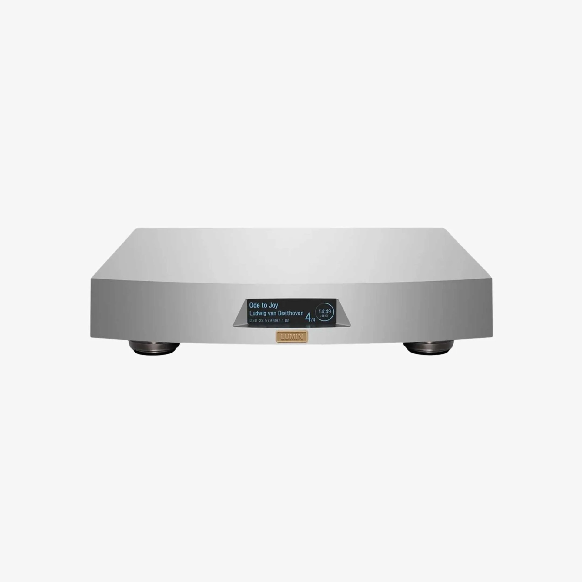 Silver Lumin audio streamer with digital display showing "Ode to Joy" by Beethoven.
