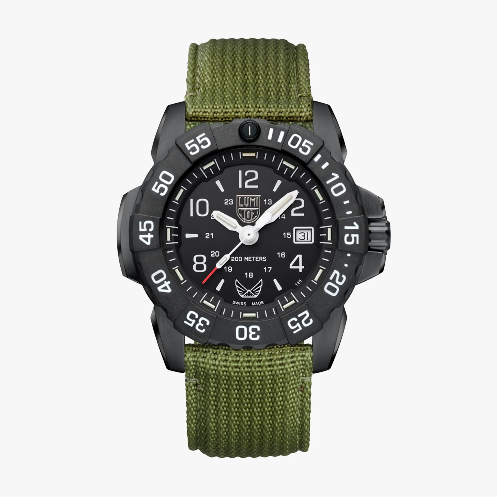 Black Luminox watch with white numerals, date window, and green fabric strap.