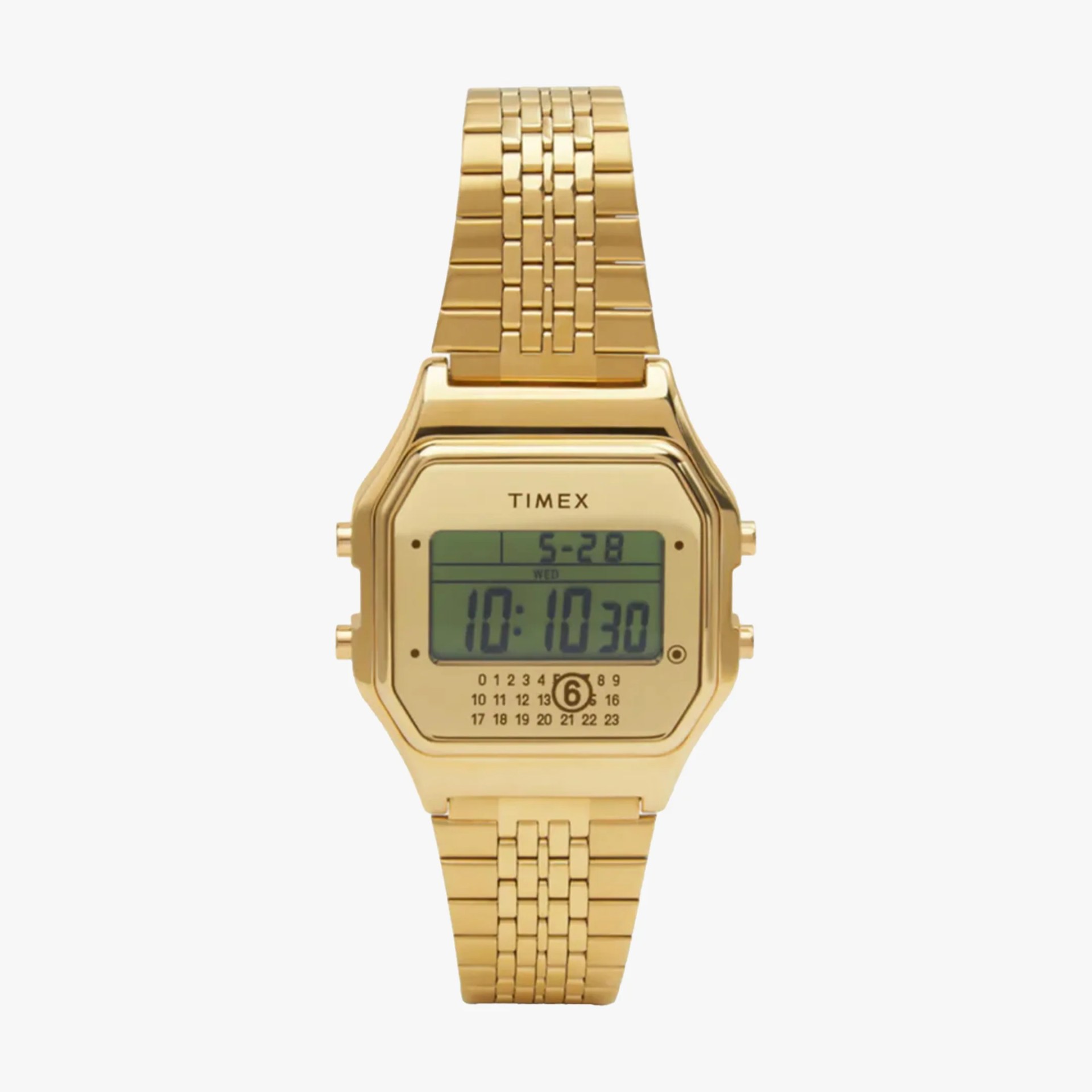 Gold-tone Timex digital watch with rectangular face and linked metal band.