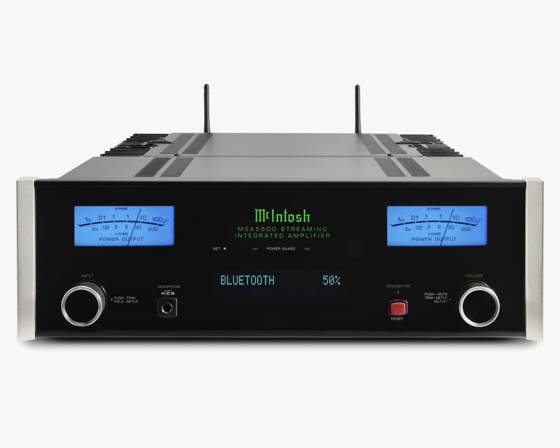 Black McIntosh MSA5500 streaming integrated amplifier with blue power output meters and green digital display.