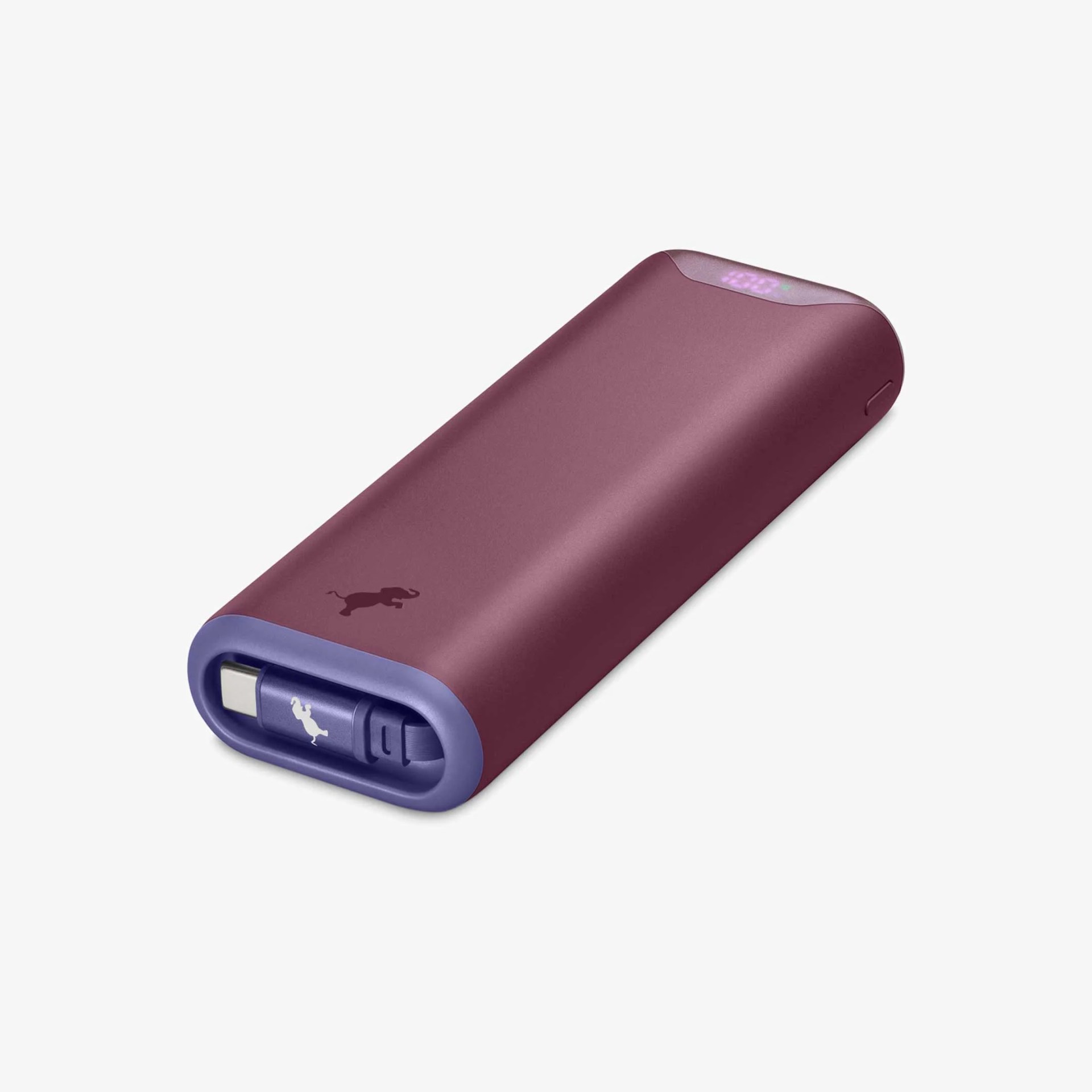 Rectangular maroon portable power bank with rounded edges and a built-in purple USB-C cable.