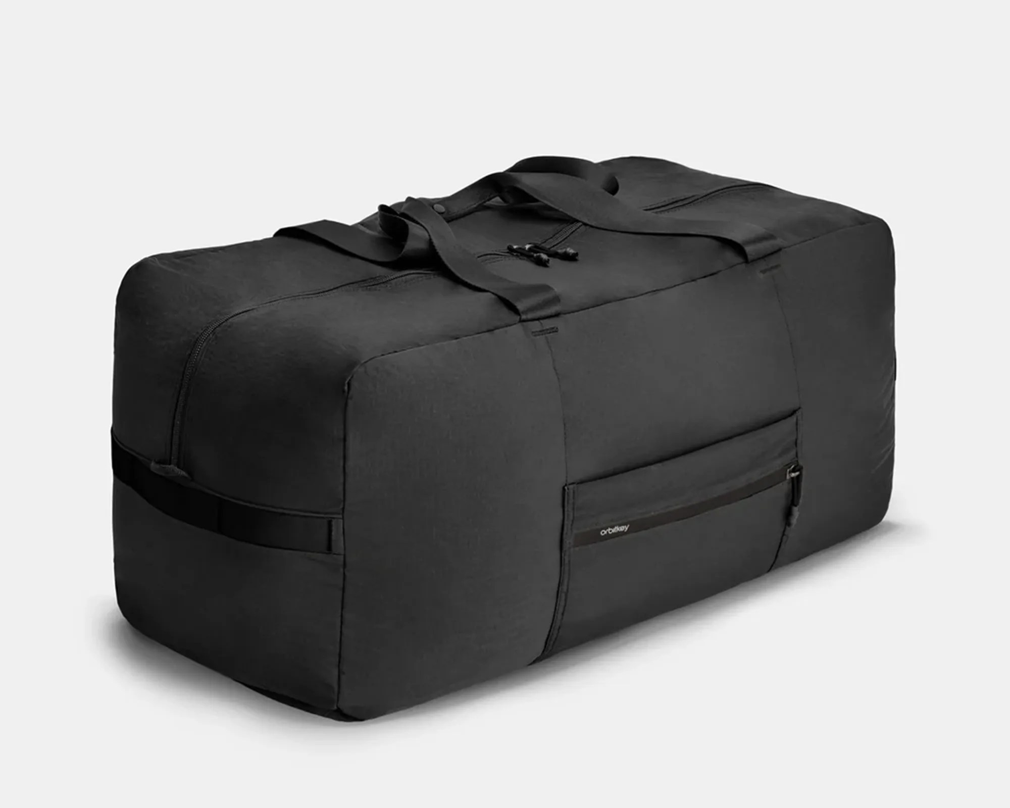 Large black rectangular duffel bag with dual handles and a front zippered pocket on a white background.
