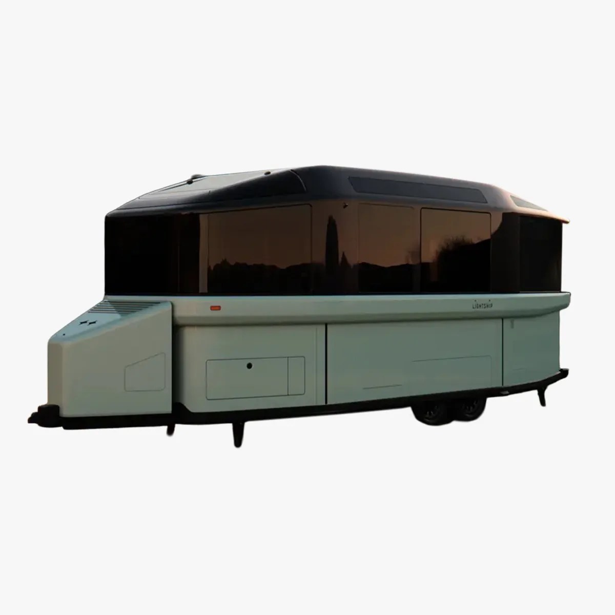 Modern light green and black camper trailer with large tinted windows and a streamlined design.