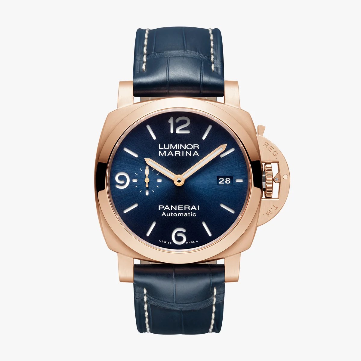 Rose gold Panerai Luminor Marina watch with blue sunburst dial and blue leather strap.