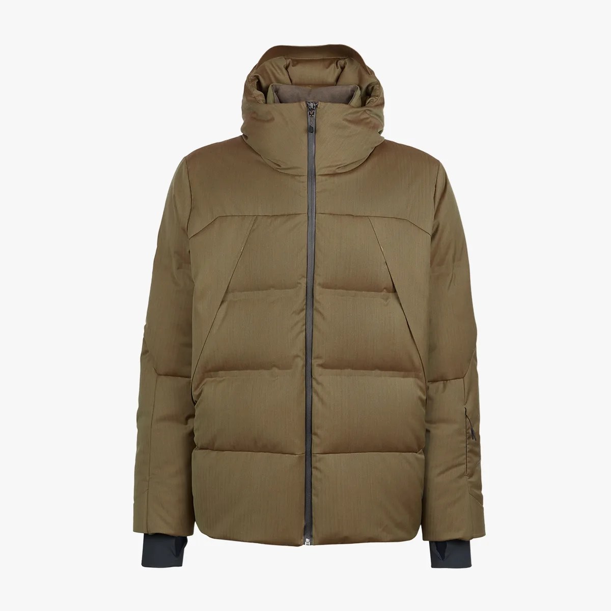 Olive green padded winter jacket with high collar and front zipper.