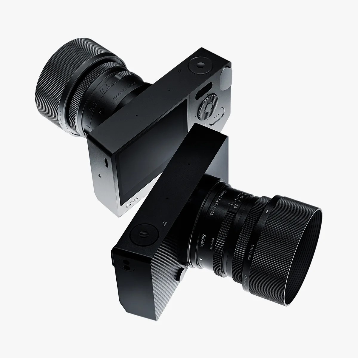 Two black Sigma cameras with large lenses, one showing the back screen and controls, the other showing the lens side.