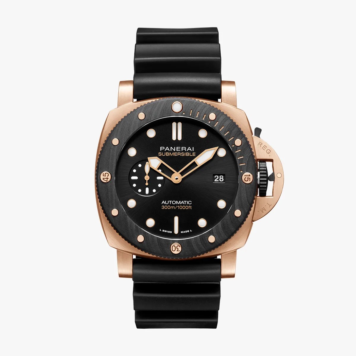 Black dial Panerai Submersible watch with rose gold case and black rubber strap.