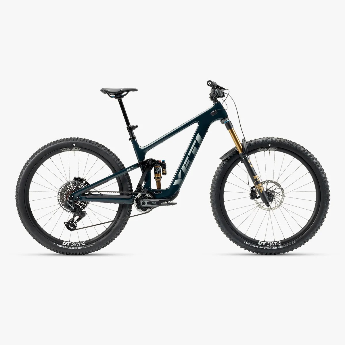 Dark teal Yeti full-suspension mountain bike with DT Swiss wheels and Fox suspension forks.