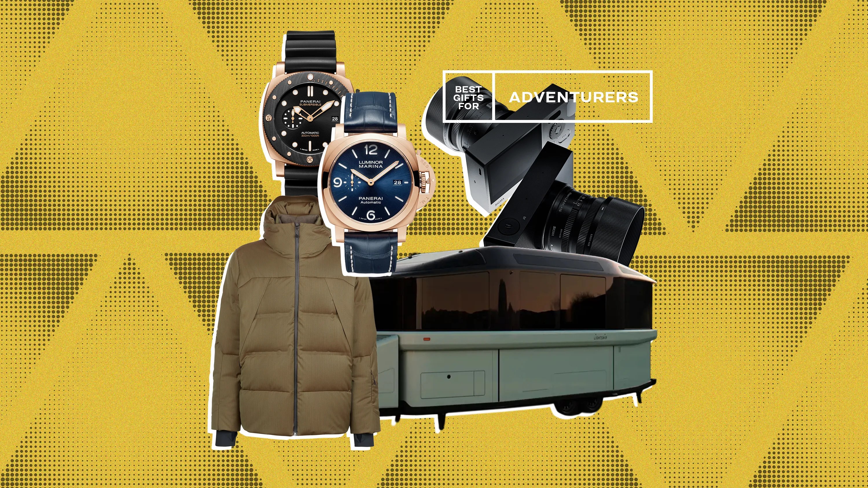 Two Panerai wristwatches, olive green puffer jacket, black camera, and green camper trailer on yellow patterned background.