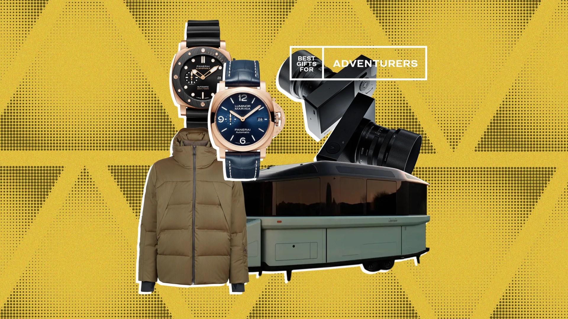 Two Panerai wristwatches, olive green puffer jacket, black camera, and green camper trailer on yellow patterned background.