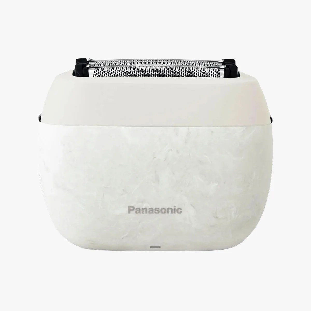 White Panasonic electric shaver head with dual foil blades and a marbled texture.