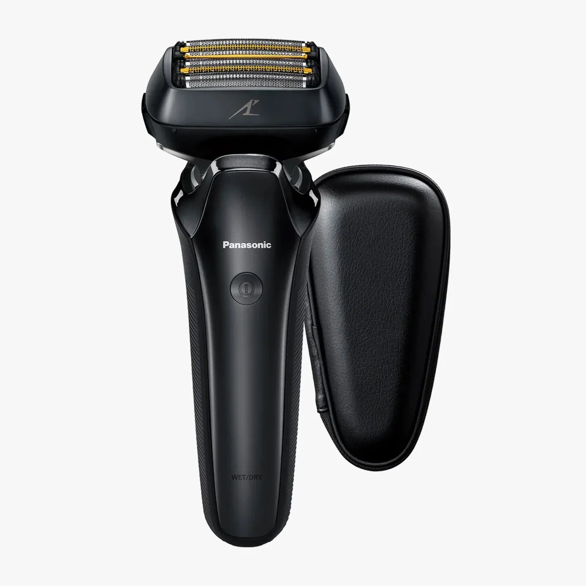 Black Panasonic electric shaver with three foil blades and a matching black zippered travel case.