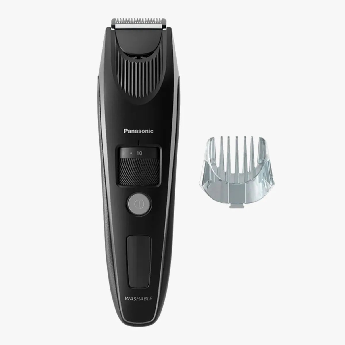 Black Panasonic electric hair trimmer with adjustable dial and clear plastic comb attachment.