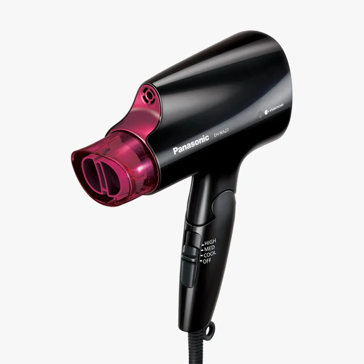 Black and pink Panasonic EH-NA27 hair dryer with control switch on handle.