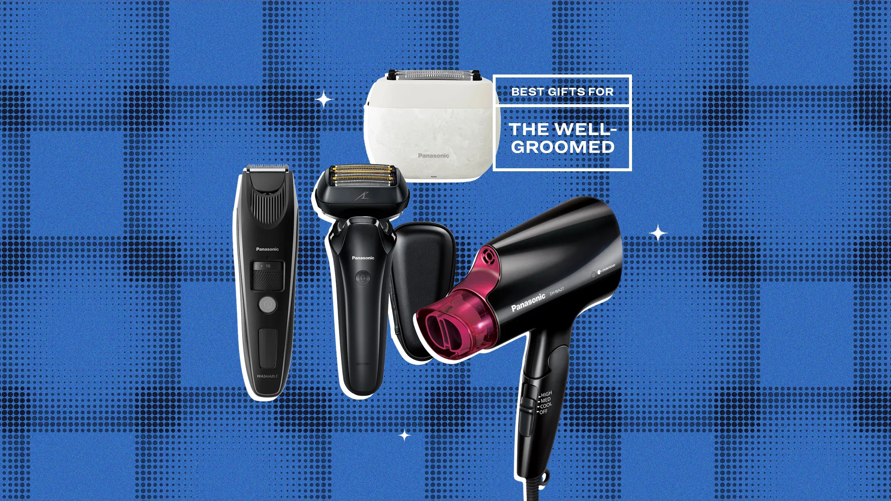 Four Panasonic grooming products including a black hair clipper, black electric shaver, white facial epilator, and black hair dryer with pink nozzle on a blue patterned background.