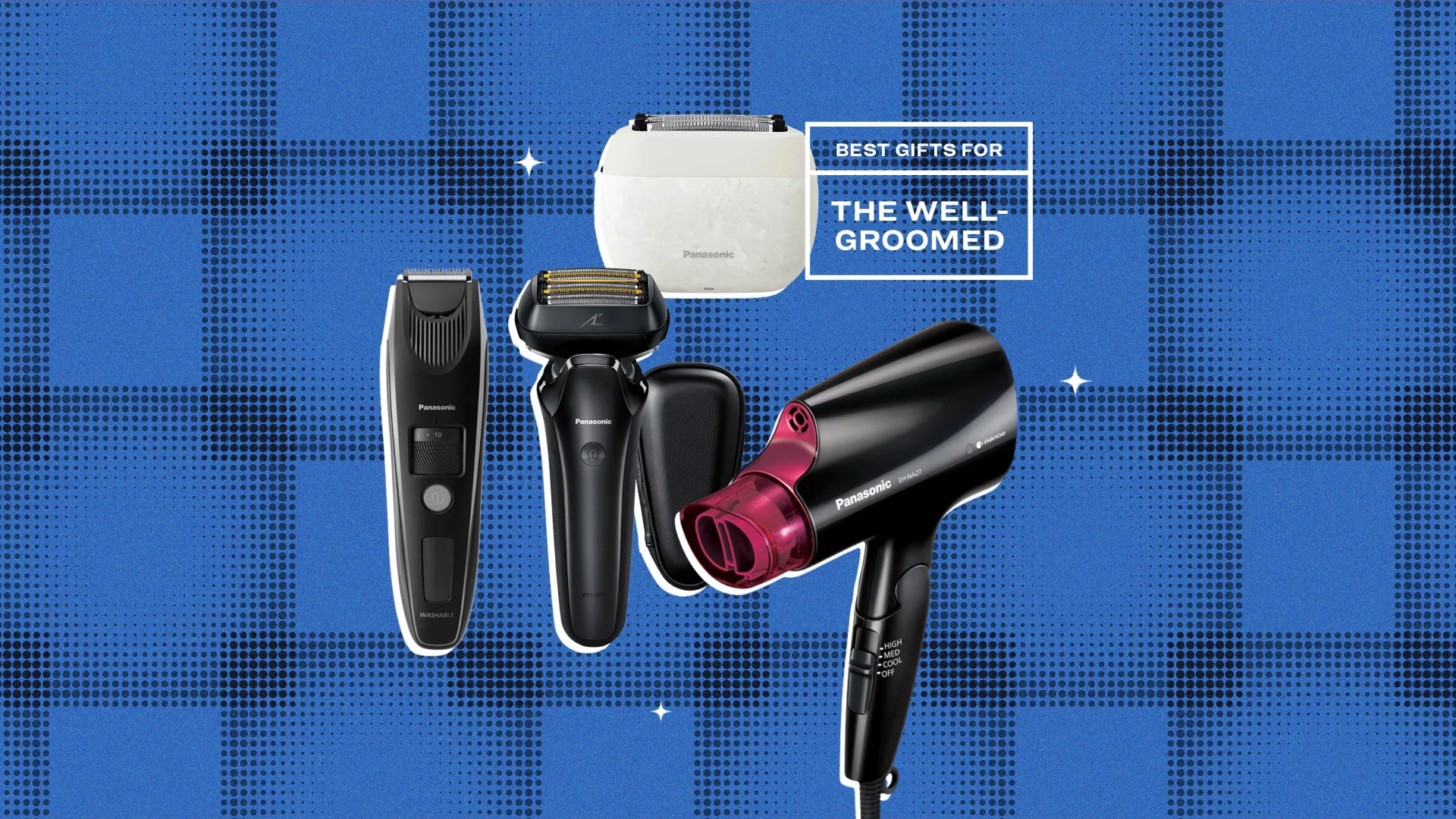 Four Panasonic grooming products including a black hair clipper, black electric shaver, white facial epilator, and black hair dryer with pink nozzle on a blue patterned background.